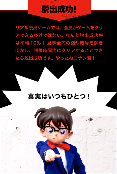 リアル脱出ゲームでは、全員がゲームをクリアできるわけではない。なんと脱出成功率は平均10％！ 見事全ての謎や暗号を解き明かし、制限時間内にクリアすることできたら脱出成功です。やったねコナン君！