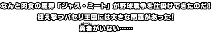 なんと肉食の魔界「ジャス・ミート」が野球戦争を仕掛けてきたのだ！迎え撃つパセリ王国には大きな問題があった！勇者がいない……
