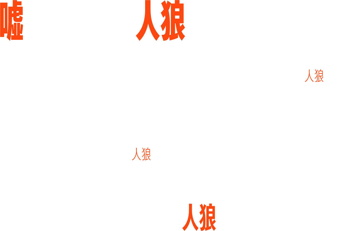 嘘を見破れ　人狼はこの中にいる　昼は人間の姿で村人にまぎれ、夜は狼となって人を襲う怪物、人狼。　その被害を防ぐために、村では様々な対策措置が取られた。　外出制限。村人同士の監視。　そして村の封鎖。　しかし、ある夜、人狼のおぞましい遠吠えが村中に響く。　翌朝、村はずれで血まみれの遺体が見つかった。「この中の誰が人狼なんだ？」