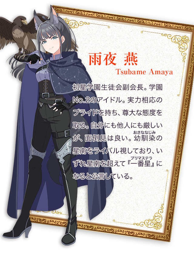雨夜 燕（つばめ）／初星学園生徒会副会長。学園No.2のアイドル。実力相応のプライドを持ち、尊大な態度を取る。自分にも他人にも厳しいが、面倒見は良い。幼馴染の星南をライバル視しており、いずれ星南を超えて『一番星（プリマステラ）』になると公言している。