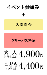 イベント参加券＋入園料金＋フリーパス料金：4,900円(税込)［大人(中学生以上)］イベント参加券＋入園料金＋フリーパス料金：4,400円(税込)［こども(小学生)］