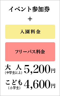 イベント参加券＋入園料金＋フリーパス料金：5,200円(税込)［大人(中学生以上)］イベント参加券＋入園料金＋フリーパス料金：4,600円(税込)［こども(小学生)］