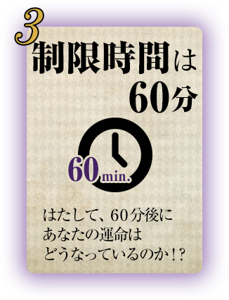 ３、制限時間は60分 はたして、60分後にあなたの運命はどうなっているのか！？