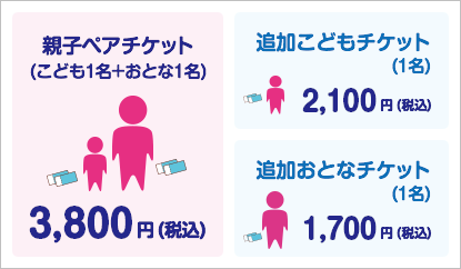 親子ペアチケット(こども1名、おとな1名) ：3,800円 追加こどもチケット(1名)：2,100円(税込) 追加おとなチケット(1名)：1,700円(税込)