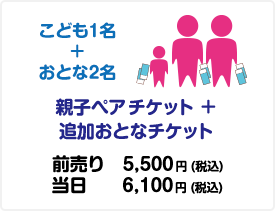 おとな2名＋こども1名→親子ペアチケット＋追加おとなチケット