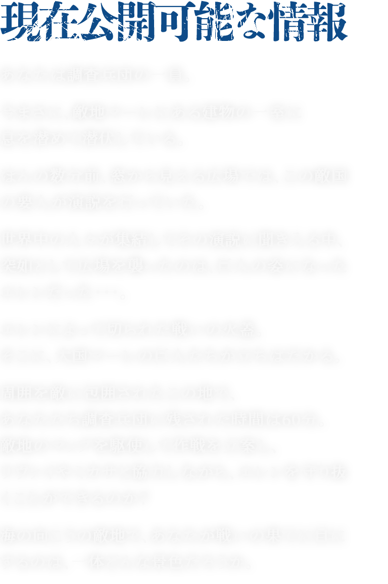 あなたは調査兵団の一員。今まさに、敵地マーレにある建物の一室に息を潜めて潜伏している。ほんの数分前、窓から見える広場では、この敵国の要人が演説を行っていた。世界中の人々が集結してその演説に聞き入る中、突如として広場を襲ったのは、巨人の姿になったエレンだった・・・。エレンによって切られた戦いの火蓋。そこに、大国マーレの巨人たちが立ちはだかる。周囲を敵に包囲されたこの地で、あなたたち調査兵団に残された時間は60分。敵地のマップを駆使して作戦を立案し、リヴァイやミカサと協力しながら、エレンを守り抜くことができるのか？海の向こうの敵地で、あなたが戦いの果てに目にするのは、一体どんな景色だろうか。